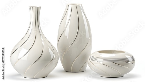 Elegant White Ceramic Vases Showcasing Intricate Swirl Designs on Display at a Trendy Decor Shop