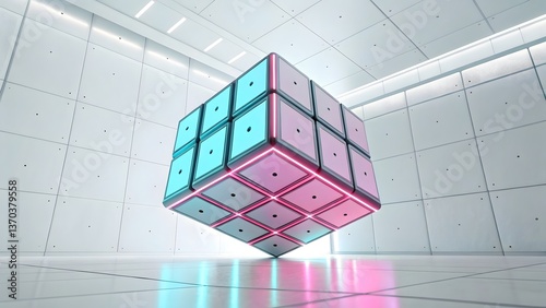 Three-dimensional Cube Display With Illuminated Edges in Modern Interior Setting