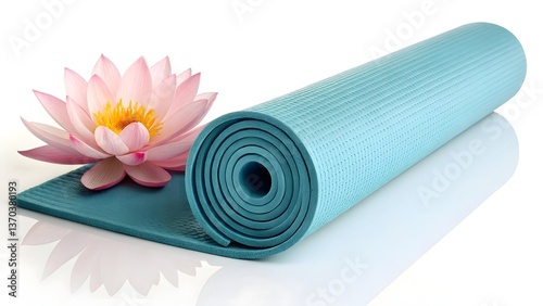 Yoga Mat With a Pink Lotus Flower on a White Background During Morning Light