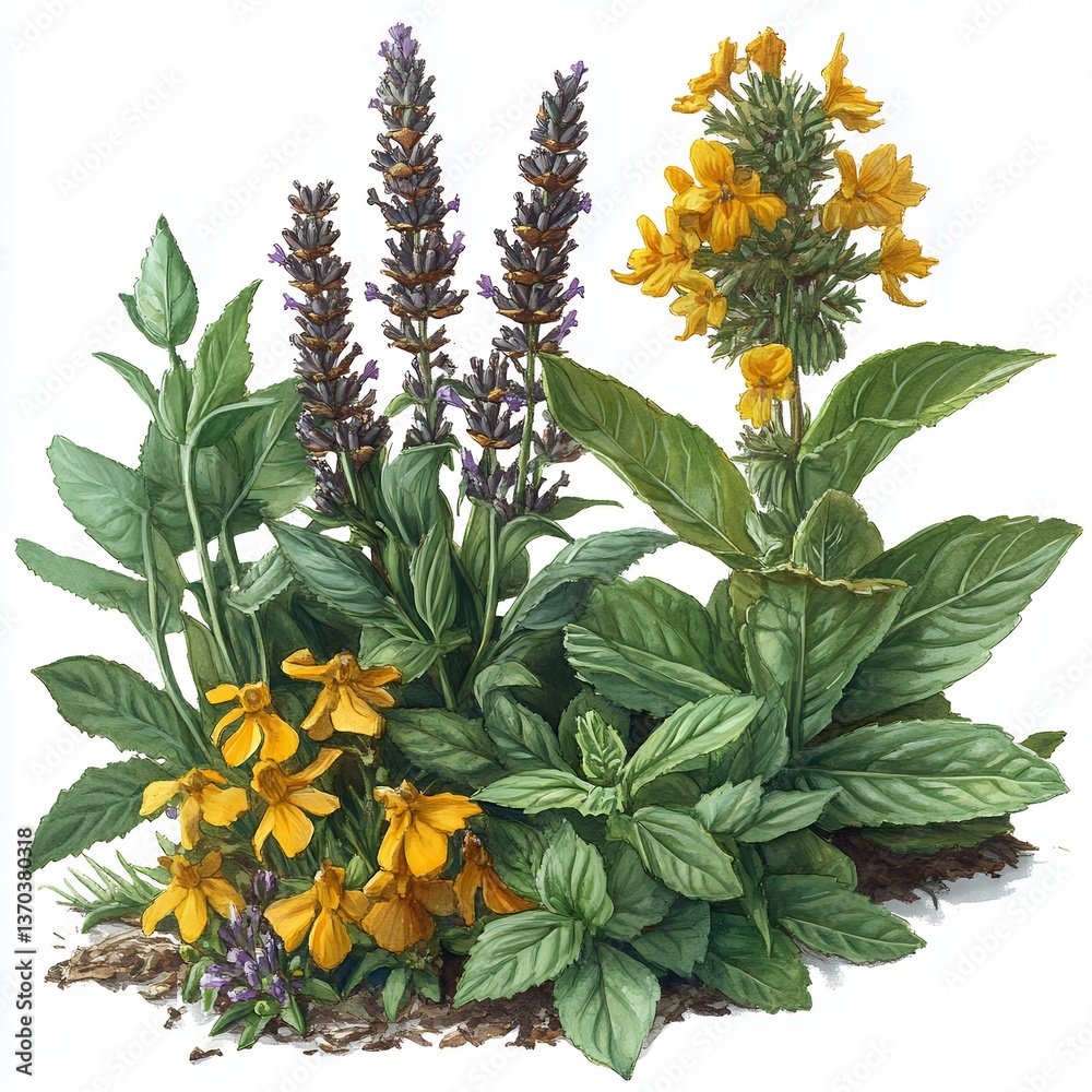 Obraz premium Vibrant Lavender Yellow Flowers Botanical Illustration Watercolor Painting Nature Garden Art Print Herbal Plants Detailed Floral Design