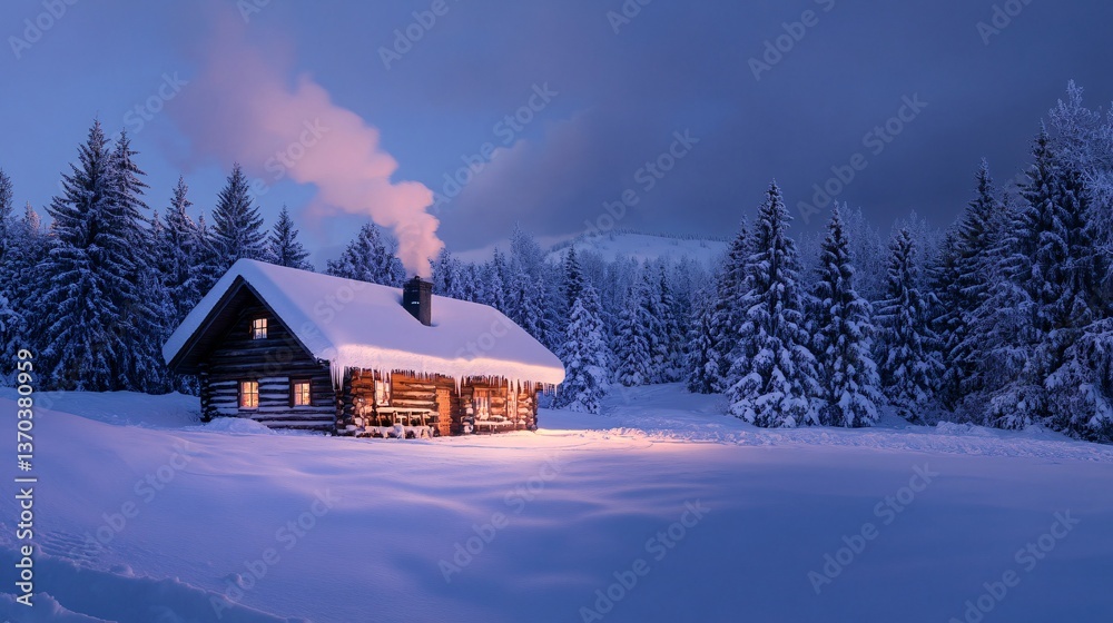 Inviting retreat in a peaceful snowy forest with chimney smoke Inviting retreat in a peaceful snowy forest with chimney smoke