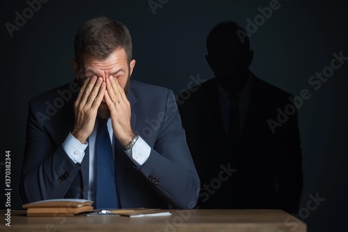 Exhausted Businessman at Desk with Shadowy Self Whispering Behind, Symbolizing Negative Self-Talk, Depression, Mental Health Struggles, Burnout, Intrusive Thoughts, Workplace Anxiety