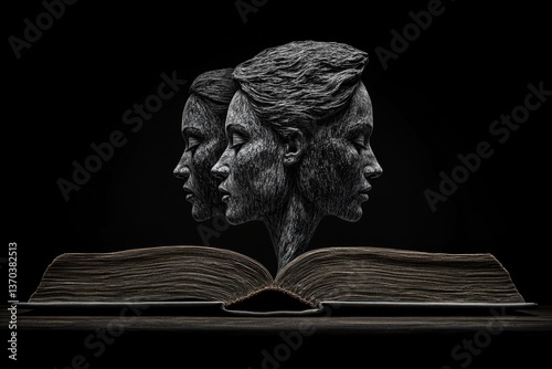 A black-and-white minimalist poster showing faces from different backgrounds emerging from an open book