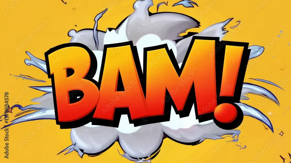 Comic style BAM text explosion with bold lettering and smoke burst on bright yellow background for pop art effect Comic style BAM text explosion with bold lettering and smoke burst on bright yellow background for pop art effect