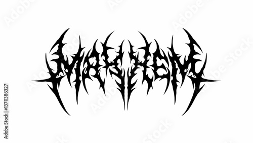 Mayhem typography with sharp, chaotic strokes, perfect for streetwear, metal band merch, and dark lettering designs print and apparel