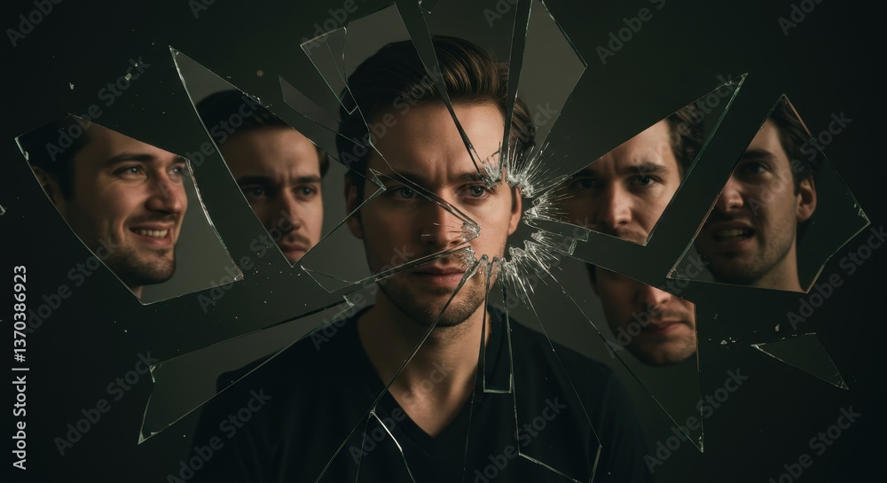 Obraz premium Shattered Reflections: A Portrait of Internal Conflict