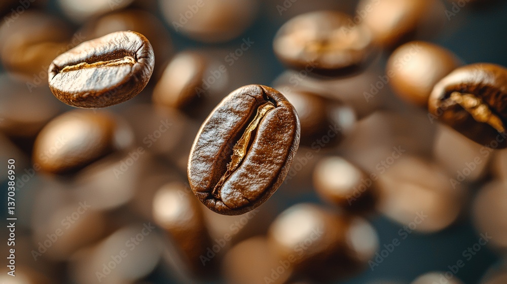 Fototapeta premium Coffee Beans Falling on Dark Background, Fresh and Aromatic, Natural Ingredients for Culinary Use in Beverages