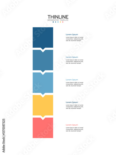 5 Elements placed in vertical row. Concept of 5 successive steps of project development process. Flat infographic design template. Simple vector illustration for business analytics.