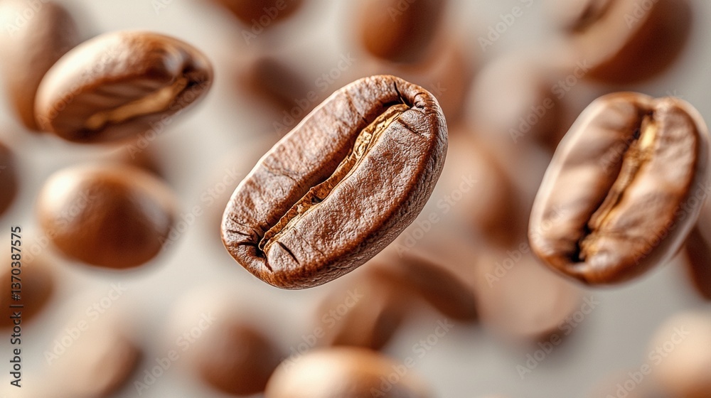 Fototapeta premium Floating Coffee Beans in Mid-Air with Soft Focus Background Capturing the Essence of Fresh Brewed Aroma