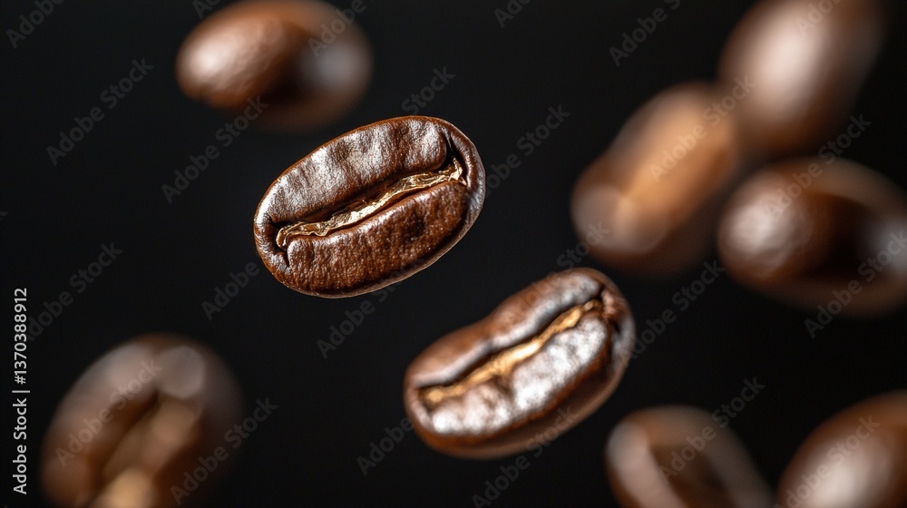 Fototapeta premium Floating Dark Roasted Coffee Beans Captured in Motion on a Black Background