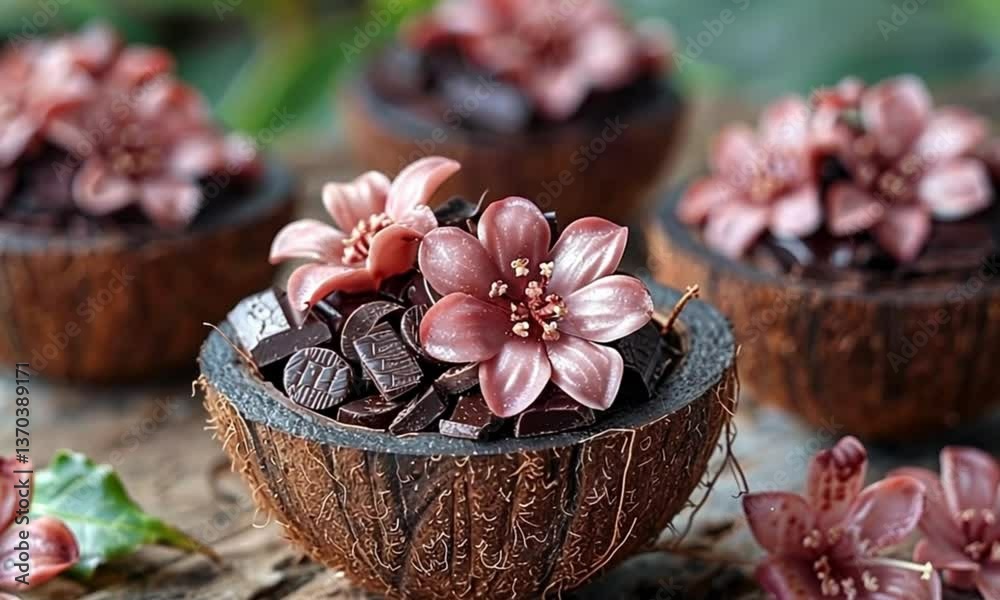 coconut as a container filled with watermelon pieces with chocolate decoration
