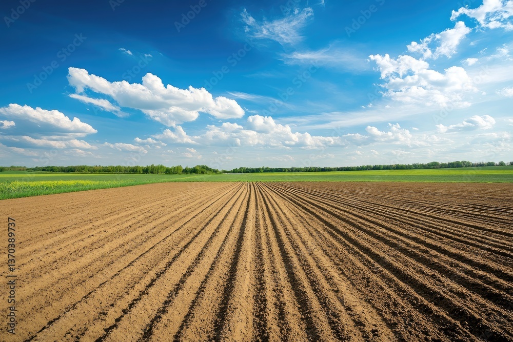 Plowed Field Under Sunny Sky With Fluffy Clouds