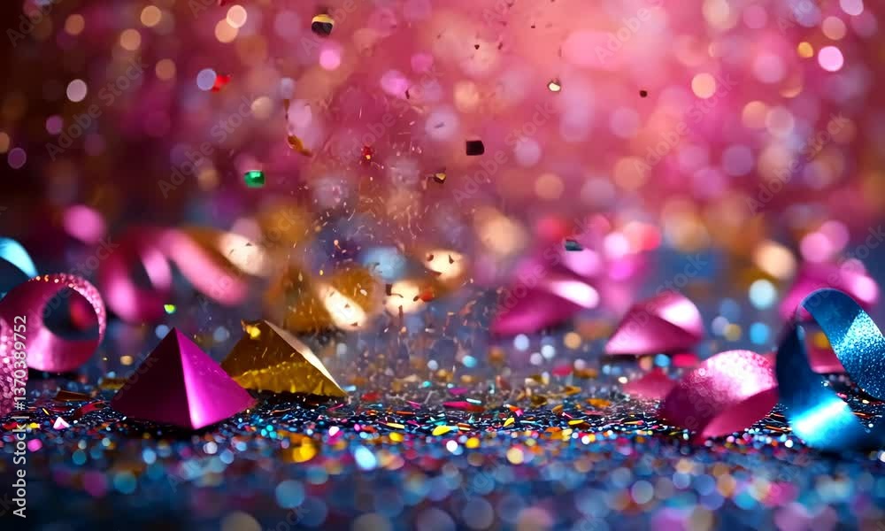 Festive bokeh background with colorful confetti and ribbons for celebration events