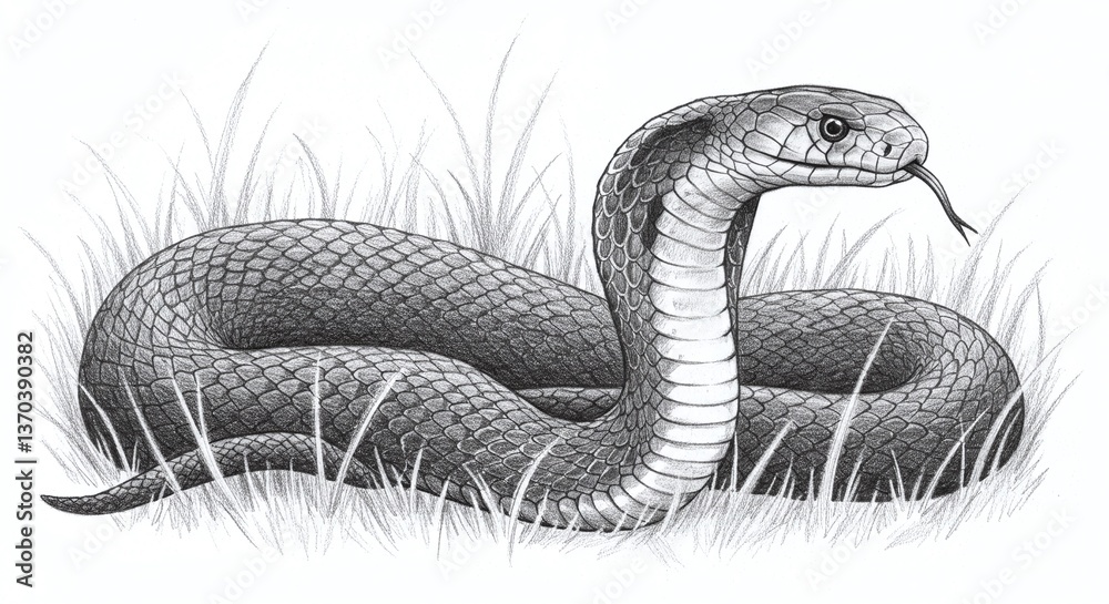 Fototapeta premium Cobra in Grass: A Detailed Pencil Sketch