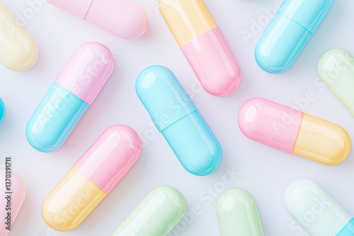 Pastel-Colored Pharmaceutical Capsules with Swirling Patterns on White Marble Background, Artistic Medicine, Abstract Art, Colorful Capsules, Aesthetic Pharmaceutical Design, Wellness Concept