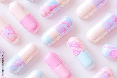 Pastel-Colored Pharmaceutical Capsules with Swirling Patterns on White Marble Background, Artistic Medicine, Abstract Art, Colorful Capsules, Aesthetic Pharmaceutical Design, Wellness Concept