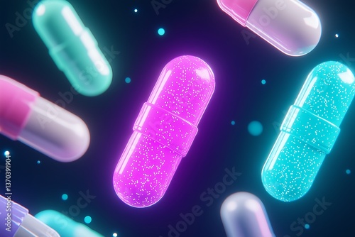 Bioluminescent Medicine Capsules Glowing in Neon Blue, Pink, and Green, Suspended in Mid-Air, Liquid Nanobots, Futuristic Biotechnology, Healthcare Innovation, Dark Laboratory Background