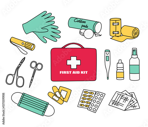 Red first aid kit with medical equipment. Medical supplies, medicines, pills, mask, antiseptic. Vector illustrator