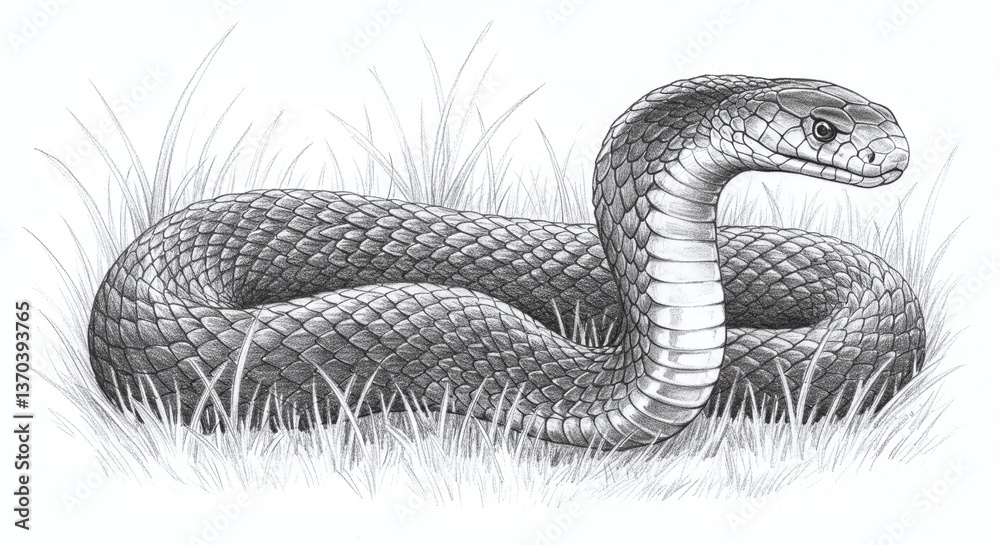 Fototapeta premium Serene Cobra in Grass: A Detailed Pencil Sketch