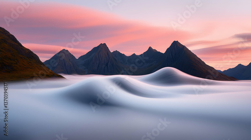 Pink And Purple Sunrise Over Foggy Mountains