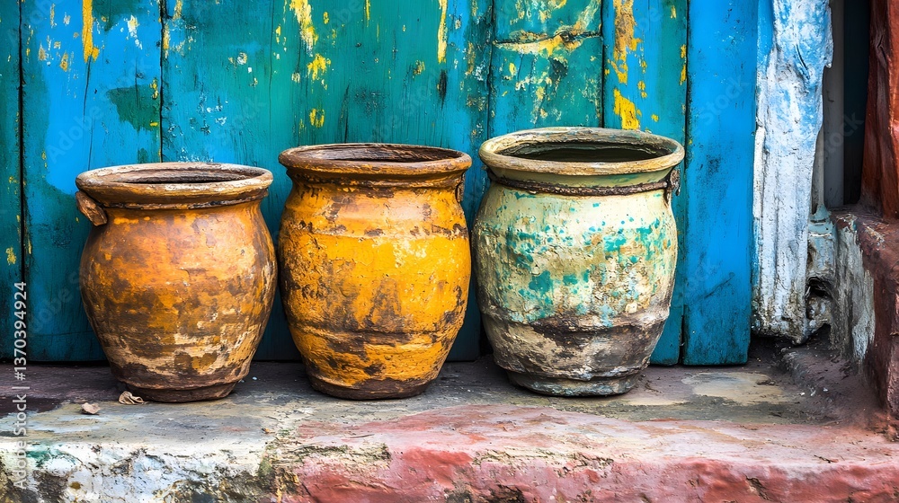 Three Rustic Old Clay Pots Against Weathered Blue Door Three Rustic Old Clay Pots Against Weathered Blue Door