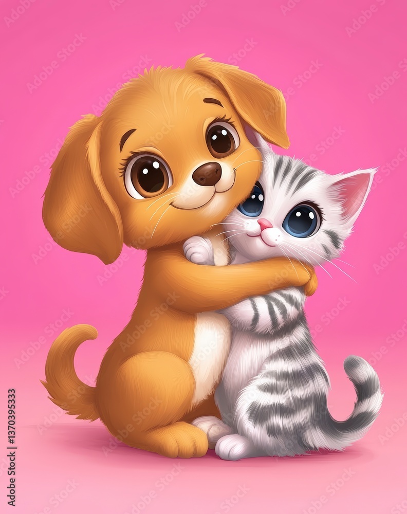 Naklejka premium Cute puppy hugging a kitten with a pink background
