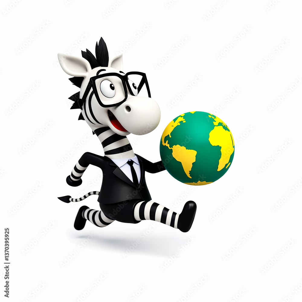 Fototapeta premium cheerful zebra in a business suit runs while carrying a globe