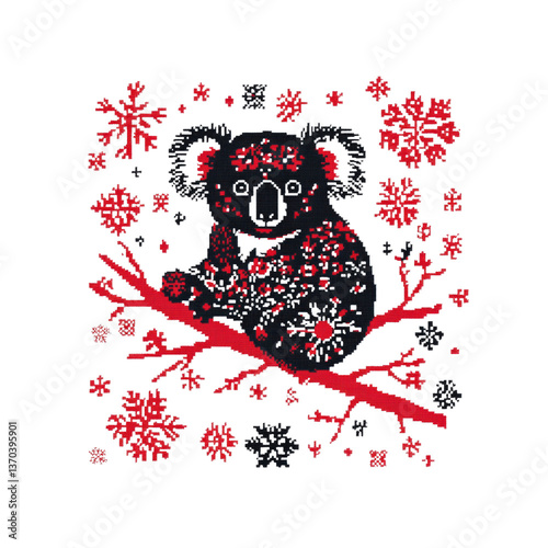 Festive Koala on a Snowy Branch Red and Black Winter Design