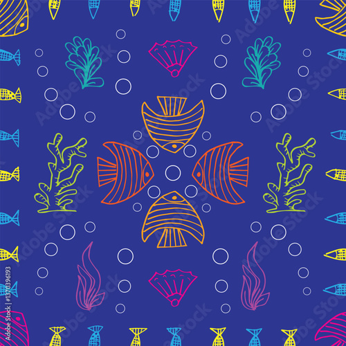 Seamless pattern with fish and seaweeds. Vector illustration.