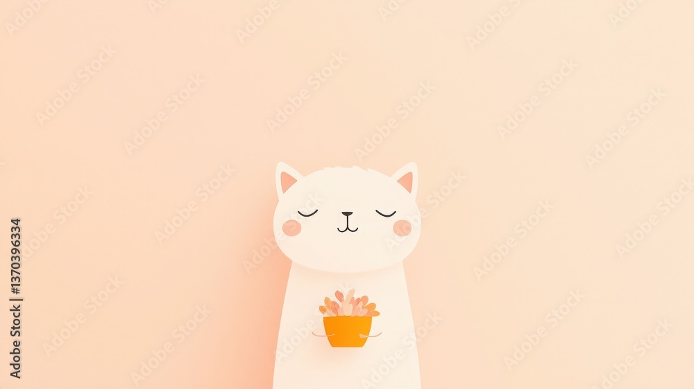 Obraz premium Cute Cartoon Cat with Succulent, Adorable illustration of a cat holding a succulent plant.