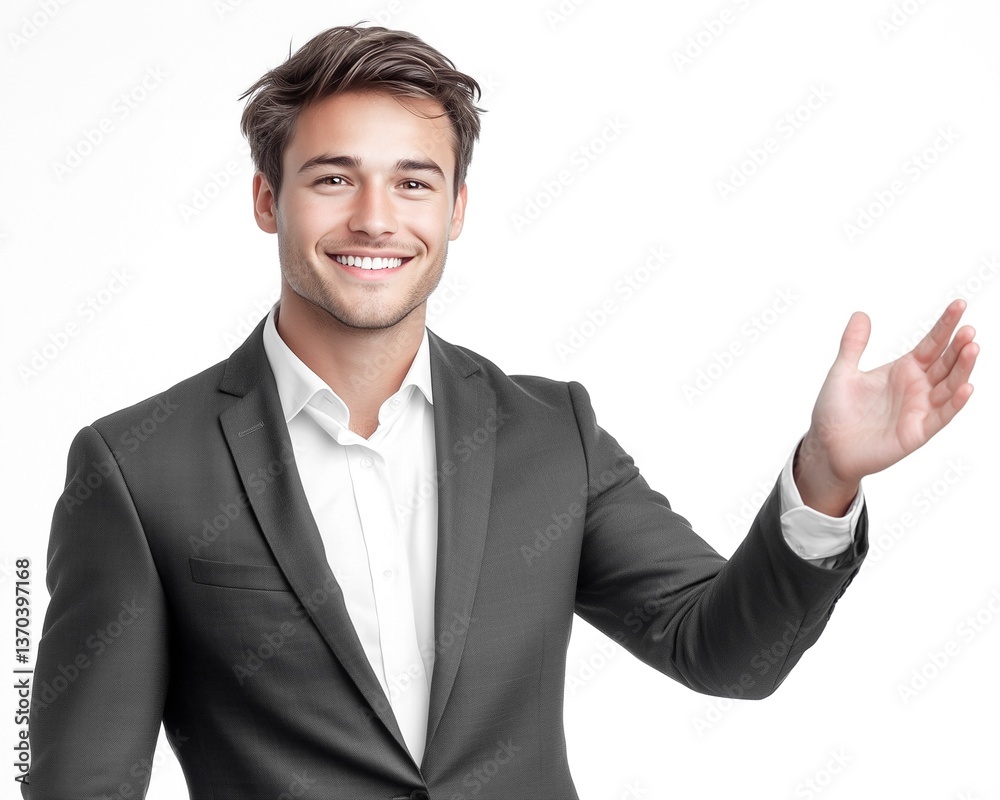 A male businessman wearing a suit is smiling and offering his hand to guide someone on a white background. A male businessman wearing a suit is smiling and offering his hand to guide someone on a white background.
