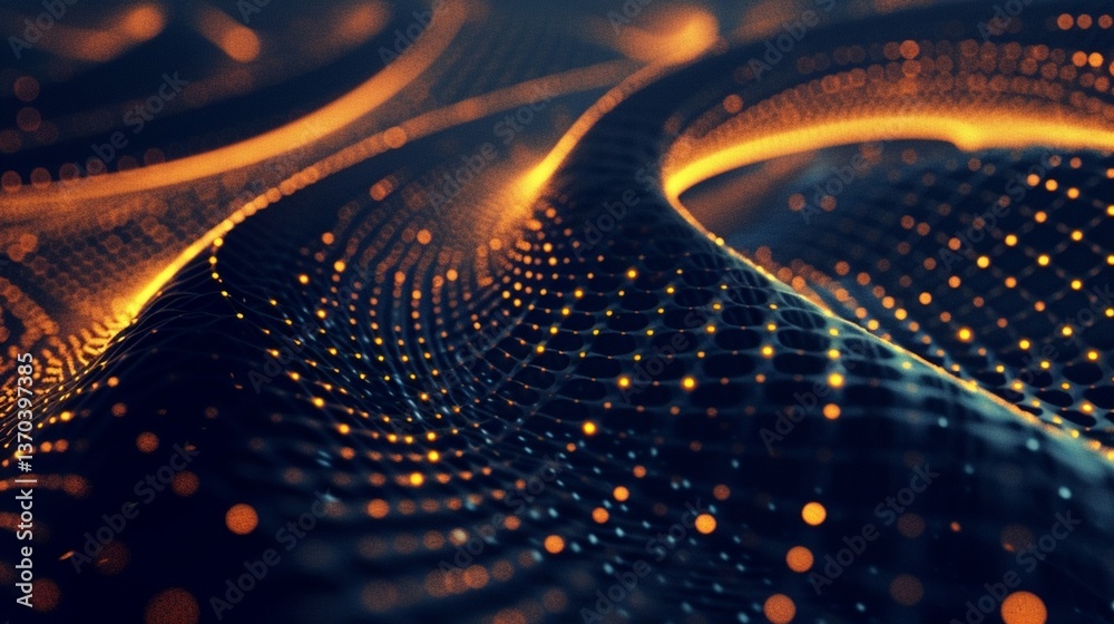 Generative AI illustration of abstract round shaped pattern with glowing golden lines in dark studio