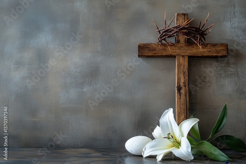 Wooden Cross with Easter Egg, Thorn Crown and White Lily on Gray Background, Easter Resurrection Symbolism of Sacrifice and Spiritual Renewal Concept