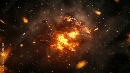 Dramatic explosion with fire and debris against a dark background.