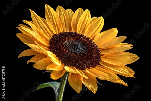 A bright yellow sunflower blossom, isolated in macro detail against a black background