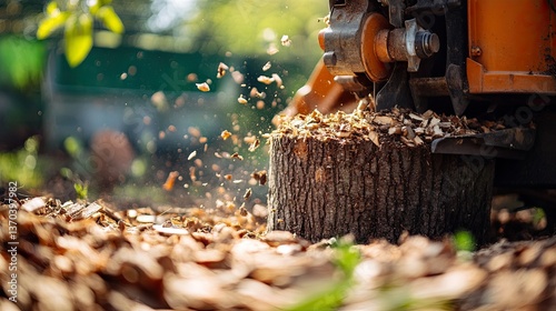 Stump grinder machine removing a tree stump, generating wood chips in a garden setting.