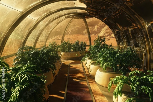 A Mars colony with genetically modified bees pollinating specially engineered plants under a glass dome