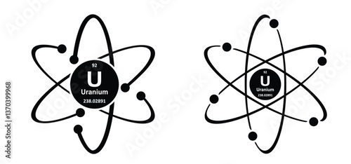 Uranium, symbol U, atomic number 92. Periodic table of elements. Radioactive elements are uranium, radium, polonium, and thorium. Dangerous radiation. Toxic substances. Atomic mass and weight.