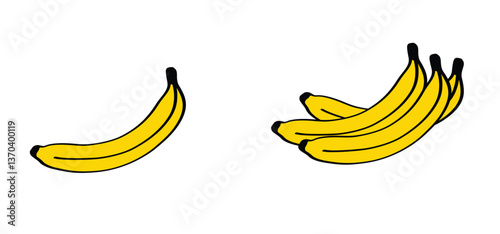 Cartoon banana or bananas. Bunch banana. A banana is an elongated, slightly curved fruit that comes from the banana plant. Bananas are high in fiber, potassium and starch.