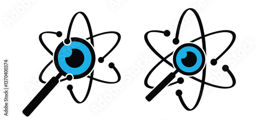 Eye, atomic whirl molecule icon. Science symbol. Nuclear energy, scientific research and molecular chemistry. Structure, formula, electron, proton, neutron, elementary particle the nucleus of an atom.