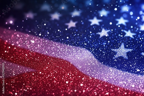 Red White and Blue Glitter Bokeh Background with Abstract Patriotic Sparkles, Festive American Holiday Celebration Card or Banner Vector Design