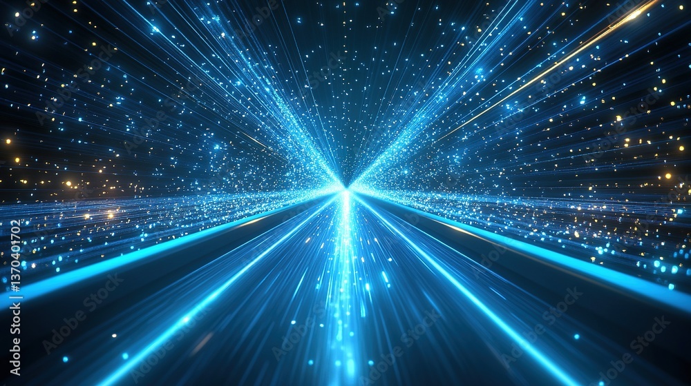 Naklejka premium Blue background with light speed effect, vector illustration, flat design, gradient tech-style, symmetrical composition, high-definition elegance, technological innovation, time glow, space flight, fu