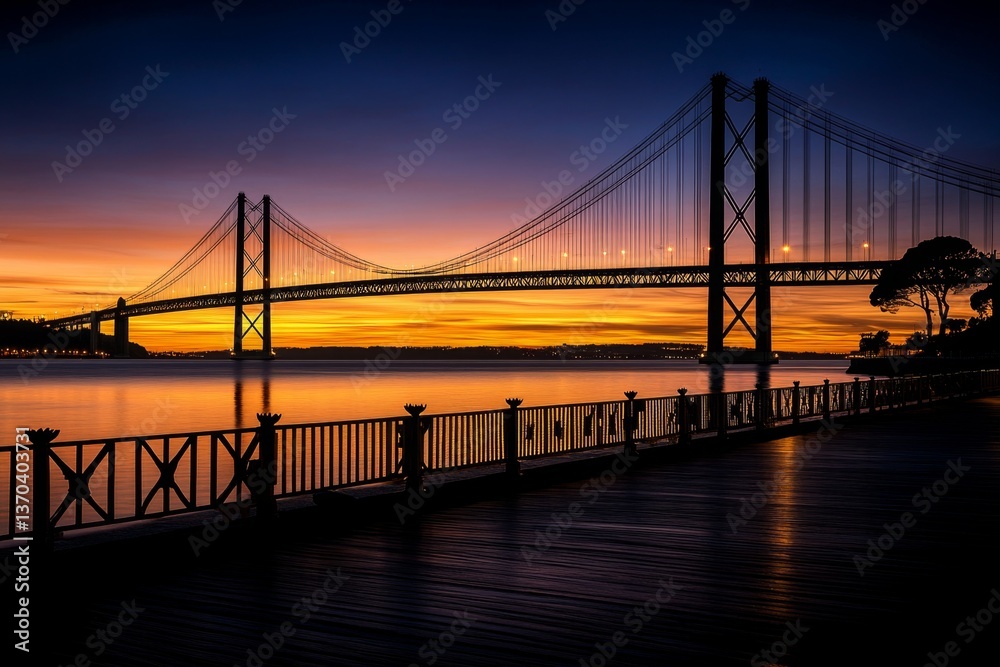 Fototapeta premium A view of the 25 de Abril Bridge at sunrise, with golden light reflecting on the Tagus River