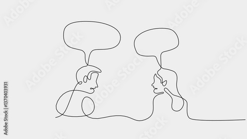 Continuous line drawing of man and woman having conversation with speech bubbles