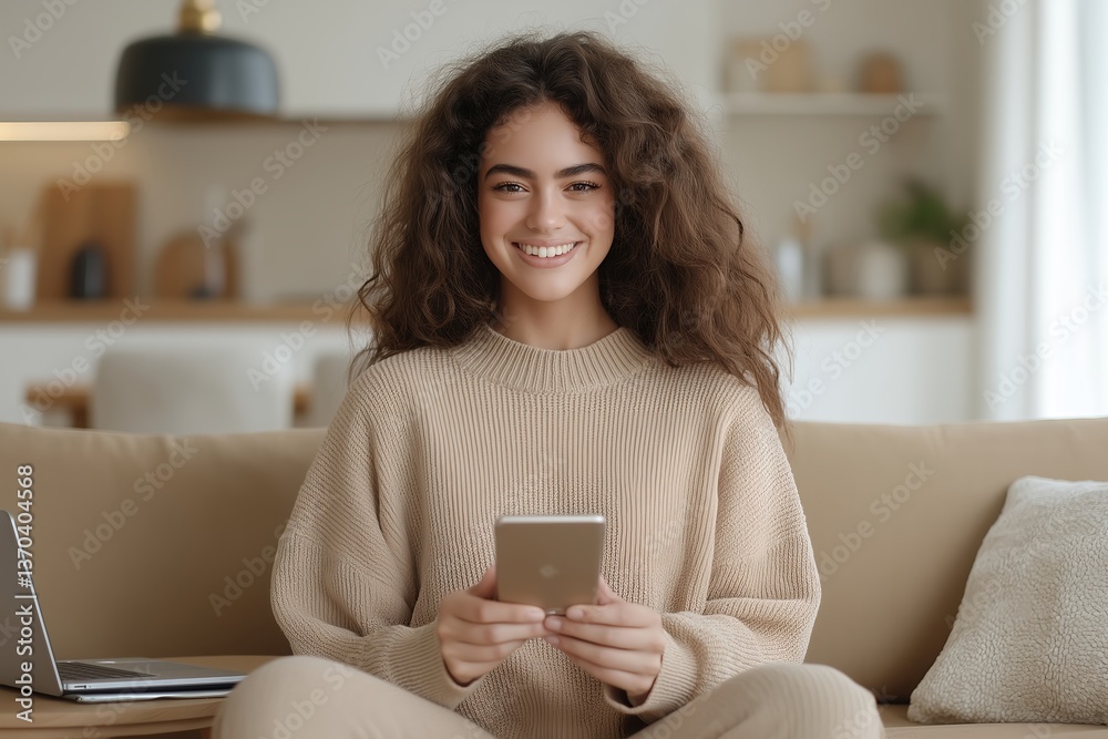 Fashionable Young Woman in Beige Sweater and Cotton Joggers Sitting Cross-Legged on Cozy Couch, Relaxed Lifestyle, Comfortable Indoor Fashion, Casual Home Living Fashionable Young Woman in Beige Sweater and Cotton Joggers Sitting Cross-Legged on Cozy Couch, Relaxed Lifestyle, Comfortable Indoor Fashion, Casual Home Living