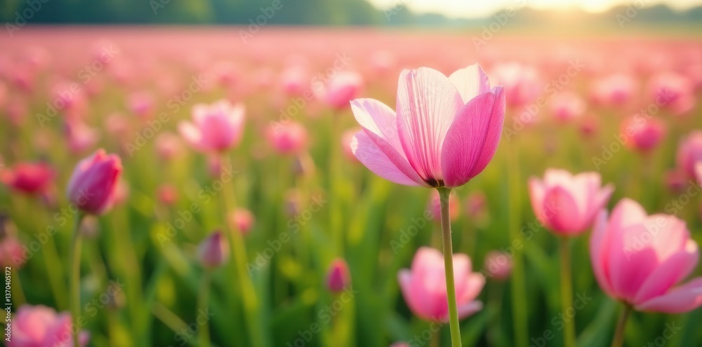 Fototapeta premium A field of pink tinted flowers swaying gently in the breeze on an uncultivated paddy field, botanical, petals