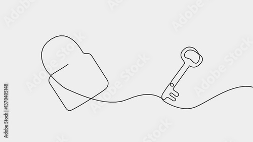Continuous line drawing of padlock and key