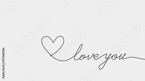 continuous drawing of a heart with one line and text love you