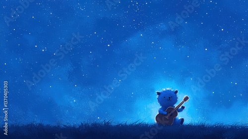 Cute Blue Creature Playing Guitar Under Starry Night, Adorable illustration of a furry creature serenading the night sky.