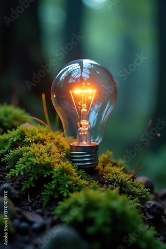 Solarized glass bulb nestled in moss and ferns, forestpunk, woodlandlight photo